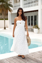 Trägerloses Maxikleid mit Orchideen-Bouquet in Weiß