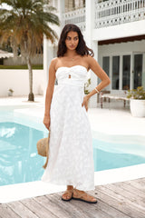 Trägerloses Maxikleid mit Orchideen-Bouquet in Weiß