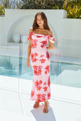 Maxikleid „Blooming Love“ aus Satin in Pink