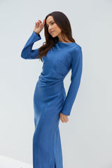 Das Vergissmeinnicht-Satin-Midikleid Marineblau