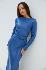 Das Vergissmeinnicht-Satin-Midikleid Marineblau