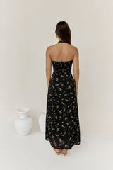 Maxikleid mit Neckholder in Scharlachrot und Schwarz