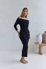 Kühles, luxuriöses schulterfreies Strickmaxikleid Schwarz