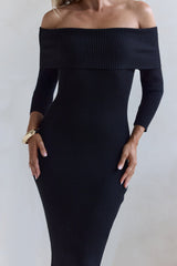 Kühles, luxuriöses schulterfreies Strickmaxikleid Schwarz