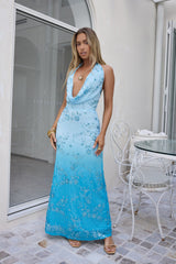 On The Stage Netz-Neckholder-Maxikleid Blau
