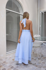Frühlingsblüten Neckholder Maxikleid Blau