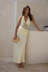 "Call Me Yours" Spitzen Neckholder Satin Maxikleid Zitrone