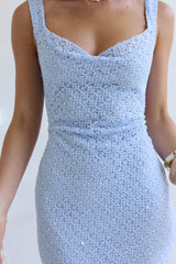 Maxikleid mit Pailletten, Mond- und Sterne-Häkelmuster, Blau