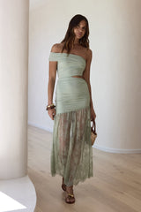 Blossoming Hearts Off-Shoulder-Maxikleid aus Spitze Salbeigrün