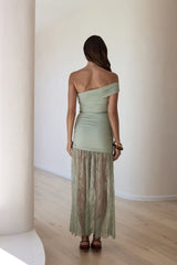 Blossoming Hearts Off-Shoulder-Maxikleid aus Spitze Salbeigrün