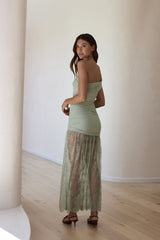 Blossoming Hearts Off-Shoulder-Maxikleid aus Spitze Salbeigrün