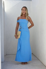 Heart For You schulterfreies Mesh-Maxikleid in Blau