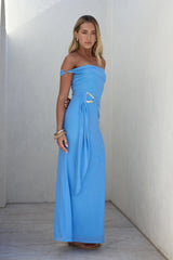 Heart For You schulterfreies Mesh-Maxikleid in Blau