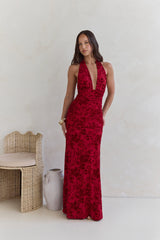 Dewy Whisper Neckholder Maxikleid Weinrot