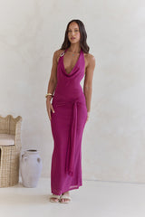 Stufen-Mesh-Neckholder-Maxikleid Pflaume