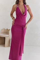 Stufen-Mesh-Neckholder-Maxikleid Pflaume