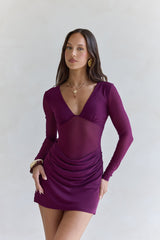 Leuchtende Nächte Langarm-Mesh-Minikleid Pflaume