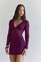 Leuchtende Nächte Langarm-Mesh-Minikleid Pflaume