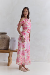 Hibiskus schulterfreies Maxikleid Pink