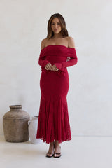 Here For Love schulterfreies Mesh-Maxikleid Rot