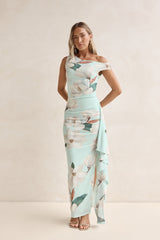 Maxikleid mit Blumenmuster, Off Shoulder und Mesh, Mint