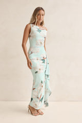 Maxikleid mit Blumenmuster, Off Shoulder und Mesh, Mint