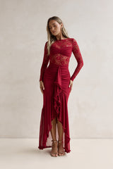 Flirtation Hour Maxikleid aus Spitze mit langen Ärmeln Burgund