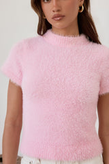 Old Money Hour Flauschiger Kurzarmpullover aus Strick Rosa