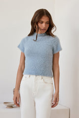 Old Money Hour Flauschiger Strick-Kurzarmpullover Blau