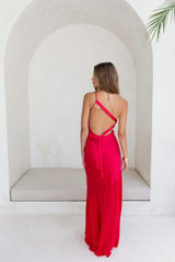 Chase The Thrill One-Shoulder Satin-Maxikleid Rot