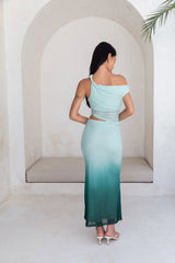 Weiches schulterfreies Mesh-Maxikleid in Grün