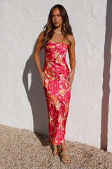 Himbeer-Sommer-Maxikleid mit Blumenmuster