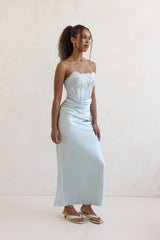 Away With You Satiniertes trägerloses Maxikleid Blau