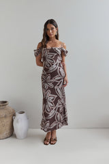 Desert Flower Off Shoulder Maxi Dress Brown