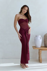Caught Your Eye Mesh Strapless Maxi Dress Burgundy