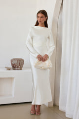 Cross The Skies Satin-Maxikleid mit langen Ärmeln, Weiß