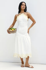 Golden Petals Midi Dress White